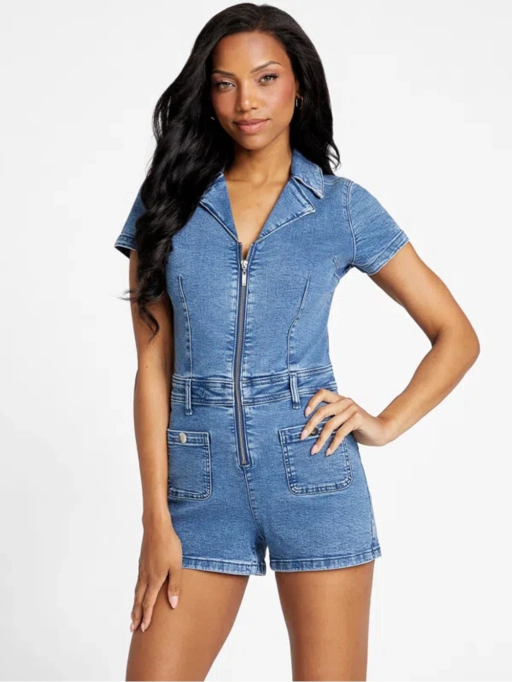 GUESS Los Angeles Tinsley Denim Romper Zip Front L EUC